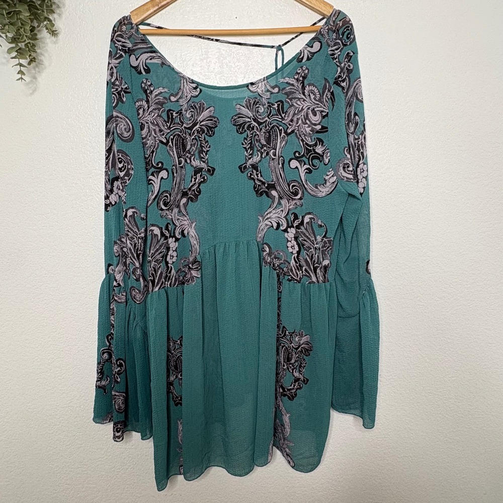 Free People Intimately Voile and Lace Trapeze Slip Dress Teal Floral Large - Picture 2 of 7